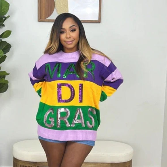 Mardi Gras sequins sweater knit crewneck embroidered pullover sweatshirt top QOS - Picture 12 of 12